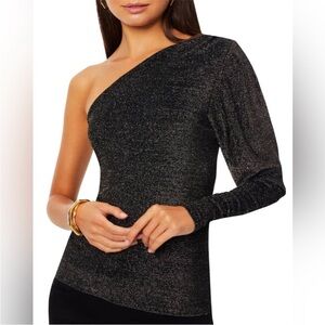 Ramy Brook Violeta Silver Metallic Black One Shoulder Knit Top Sz XS NEW